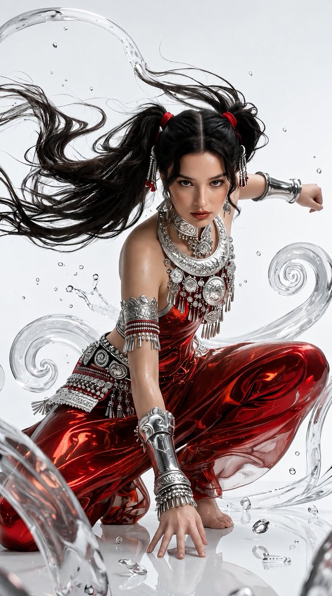 Fierce warrior girl crouches in dynamic pose with flowing ponytails