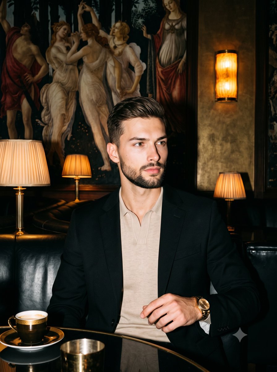A man in a black blazer gazes past a coffee cup in a club