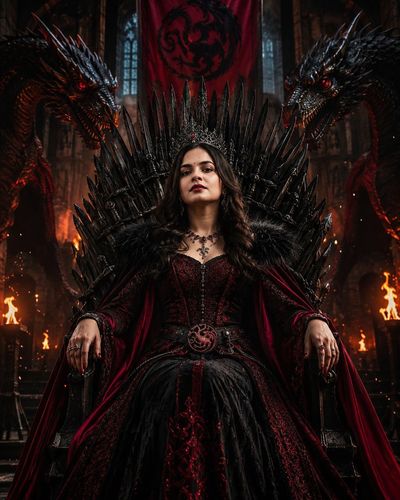 A Dragon Queen rules her iron throne with fierce elegance