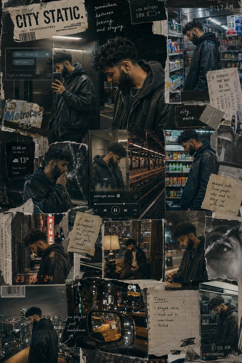A young man fades into neon-lit urban night across fragmented memories