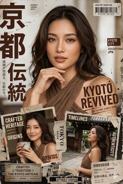 Warm chocolate tones frame an Asian model on a grunge magazine cover