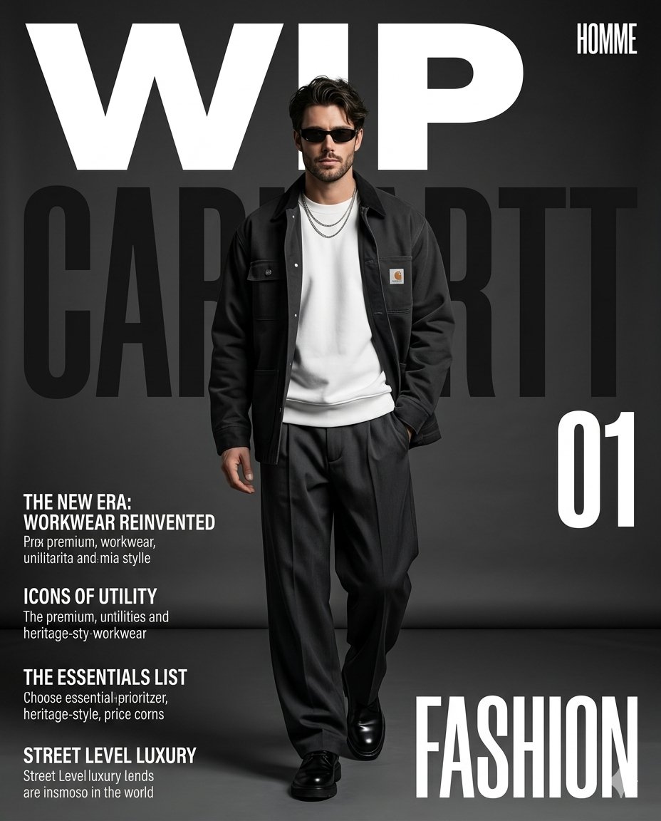A stylish male model walks confidently in dark workwear on a studio cover.