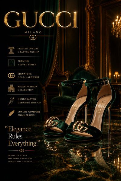 Gold heels shimmer on marble beneath dramatic spotlight smoke
