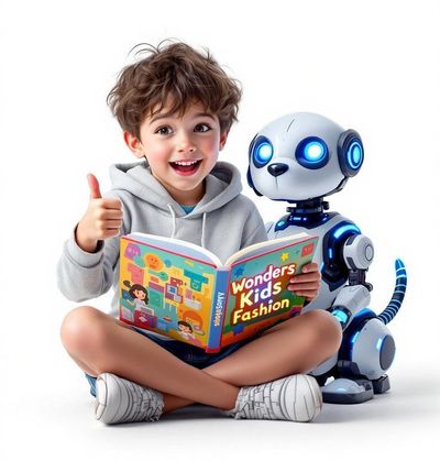 Curious Child and Futuristic Robot Companion in Vibrant Pixar-Style Scene