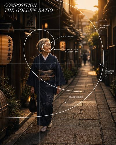 Elderly woman in kimono walks through golden-lit alley