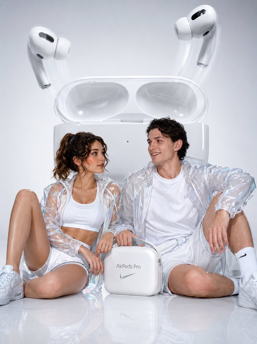 A couple shares laughter beside a giant floating AirPods case