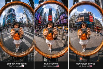 A weathered orange traffic mirror reflects Shibuya's busy crossing
