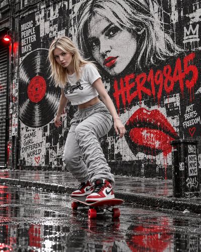 Skater glides through wet street with vibrant red accents