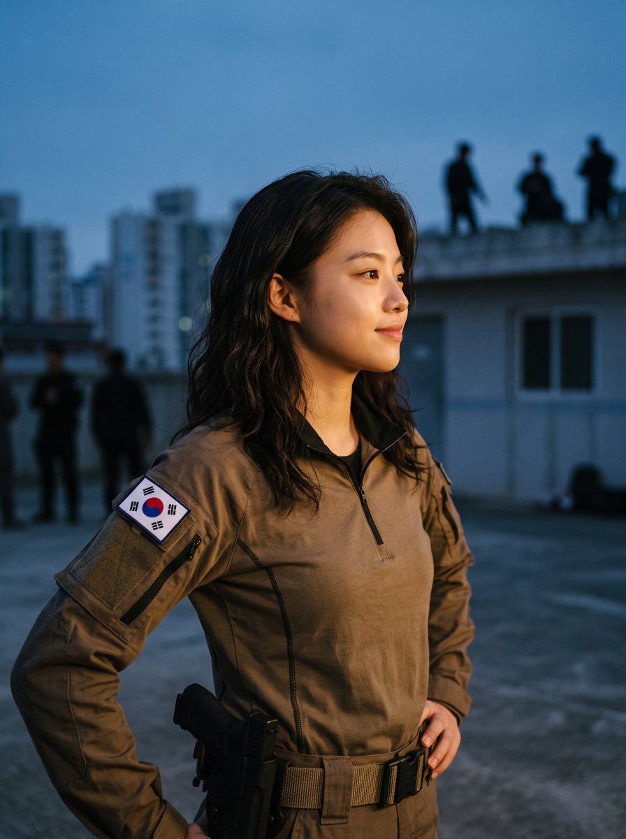 Confident East Asian Woman in Tactical Gear on Rooftop