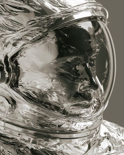 A woman's face distorts in flowing liquid mercury reflection