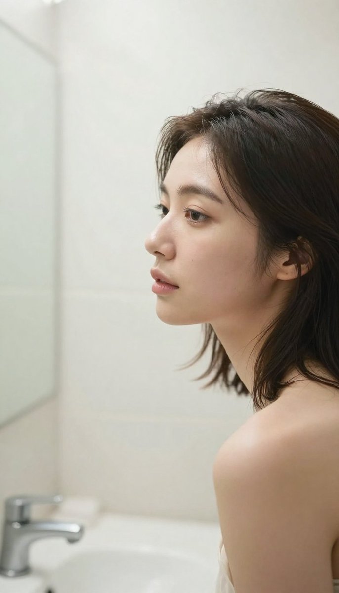 Crop of a seductive woman's face against bathroom counter space