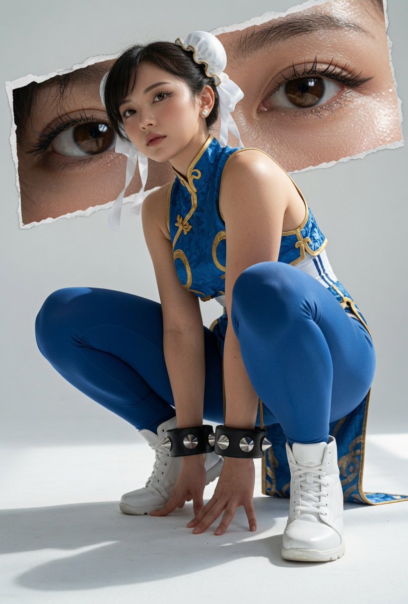 Chun-Li crouches in a blue qipao with detailed gold embroidery