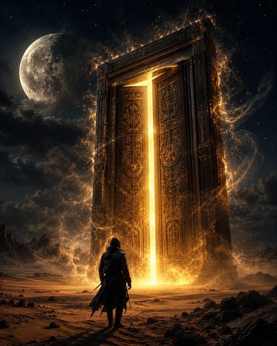 A lone traveler marvels at a glowing door beneath a massive moon