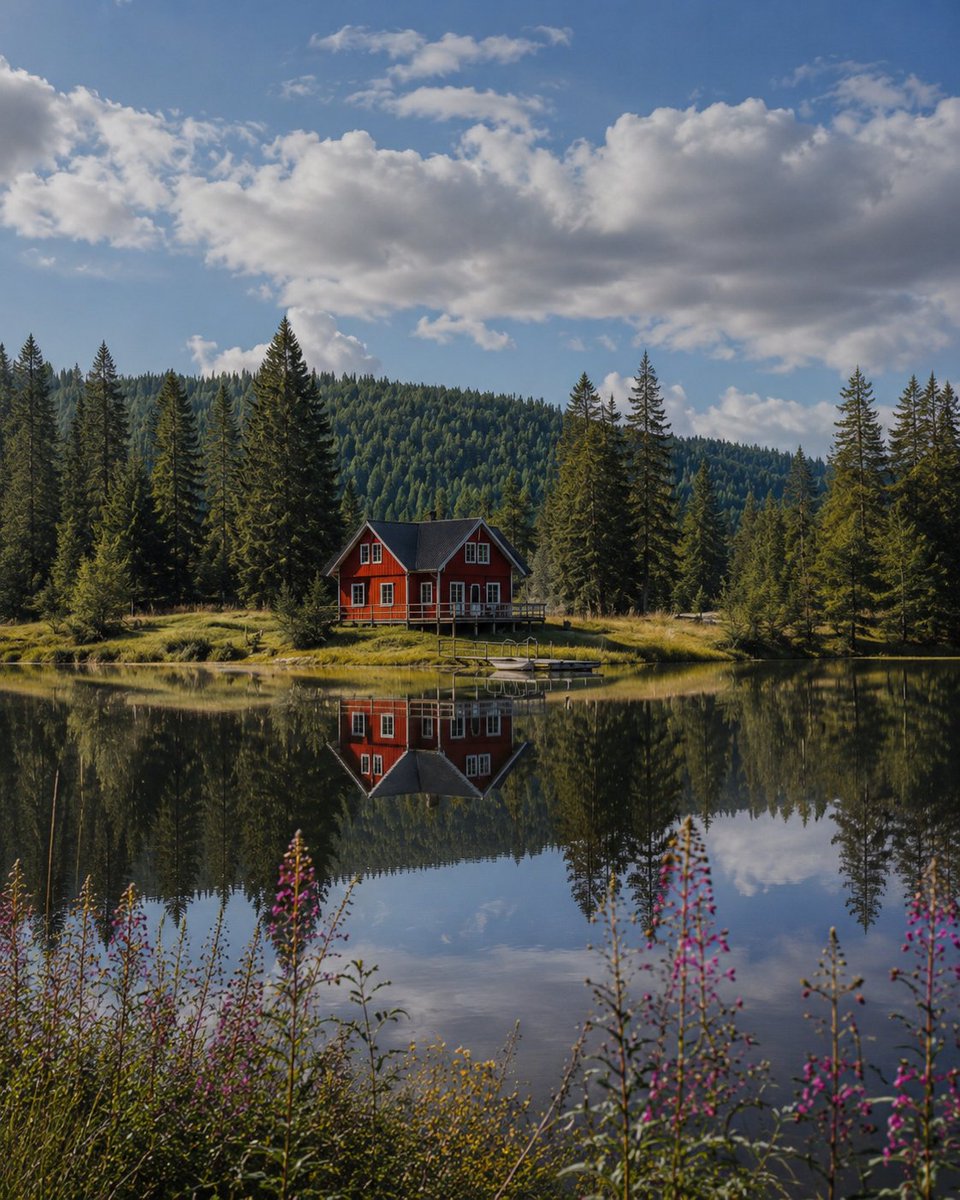Red cabin beside a still alpine lake reflects clouds and mountains.