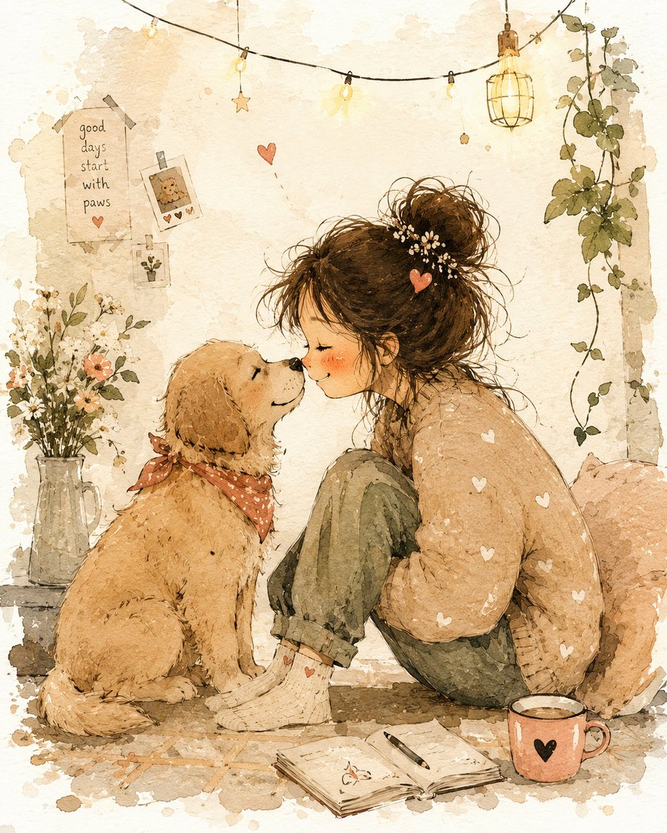 A girl hugs her fox in a misty meadow watercolor scene