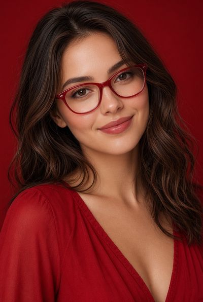Radiant Woman Poses in Red Glasses Against Crimson Studio Backdrop