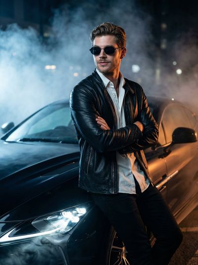 Night Drive Elegance: Man and Sports Car in Moody Fog