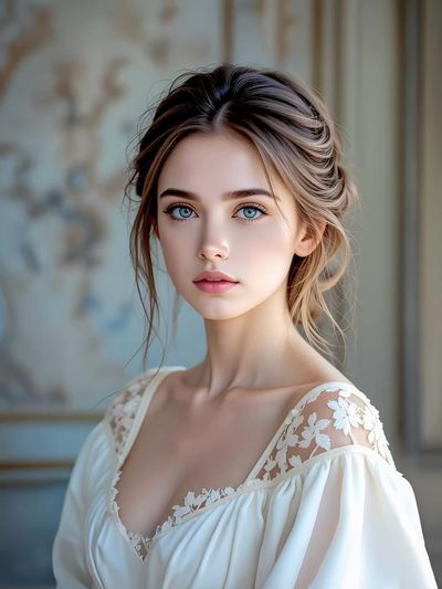 A woman with light blue eyes poses in a white dress