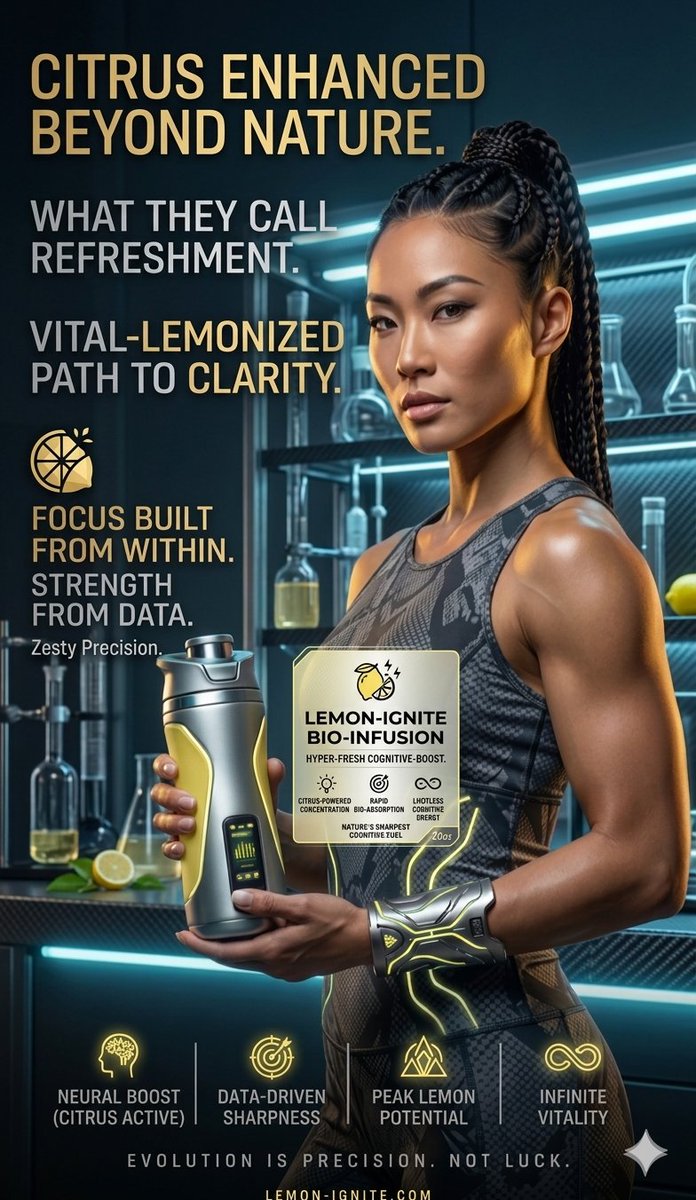 Athletic woman holds futuristic shaker in neon cyberpunk lab