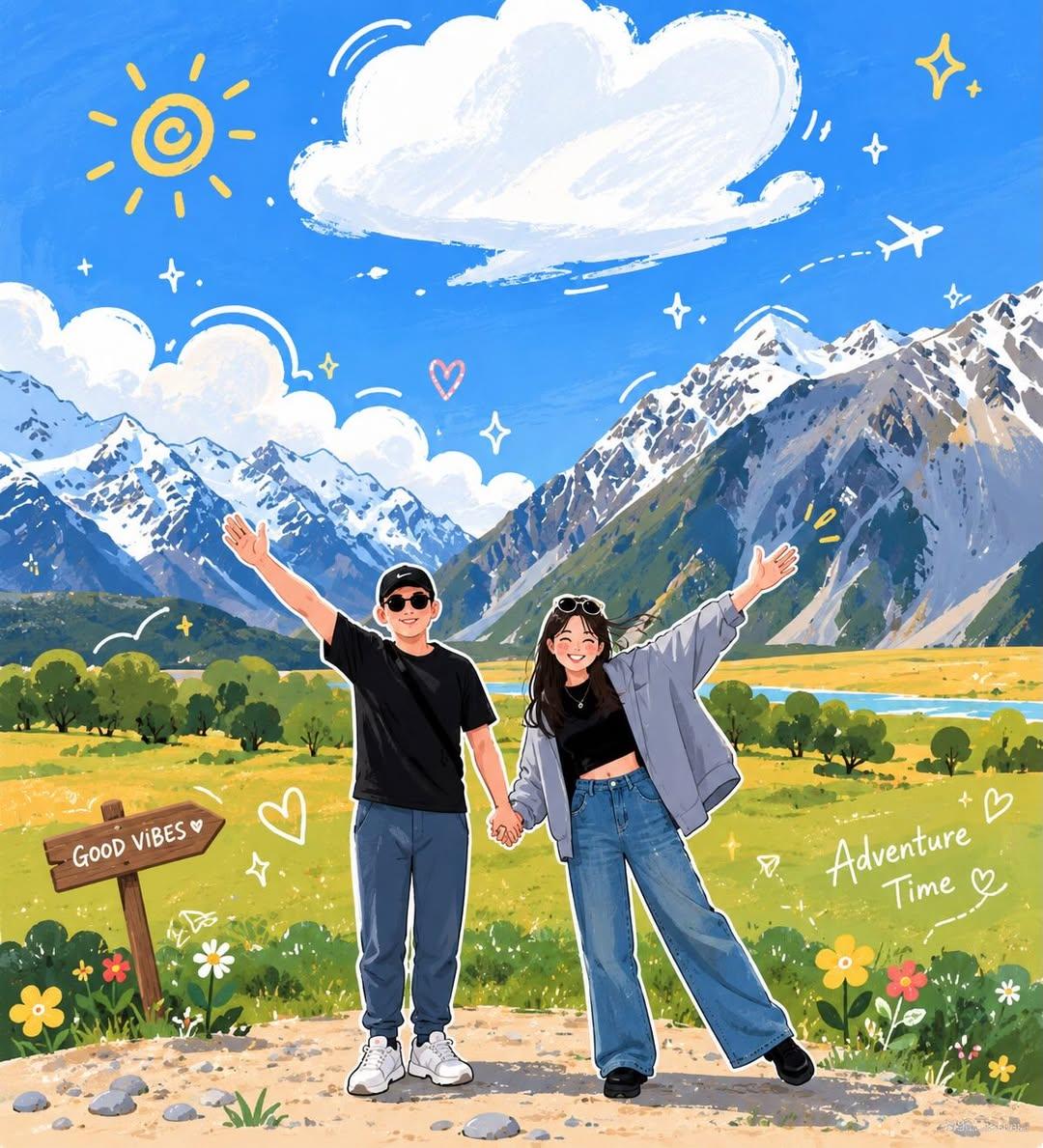 A cute couple raises their arms under a sunny mountain sky