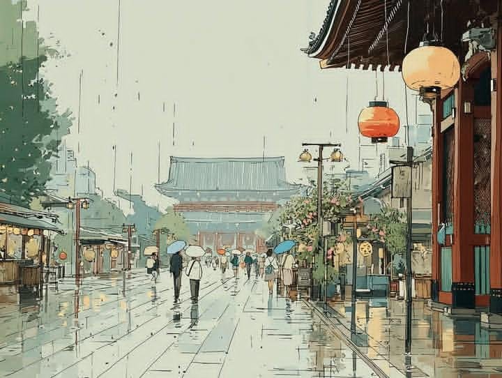 A serene rainy street leads to a glowing temple in Japan