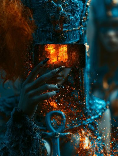 An Egyptian pharaoh queen holds a smartphone over her glowing eyes