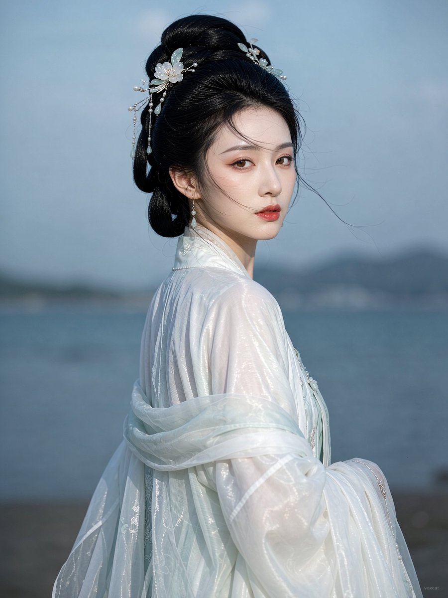 Elegant Eastern Woman Turns Head in Serene Waterside Portrait