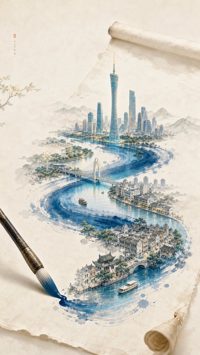 Ink-Born Guangzhou: S-Shaped River Cityscape