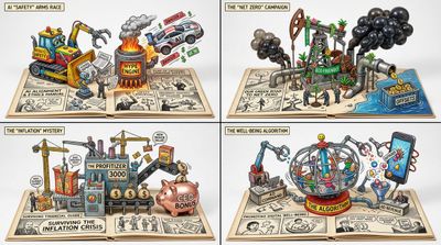 Clay figures mock corporate greenwashing inside a pop-up diorama grid