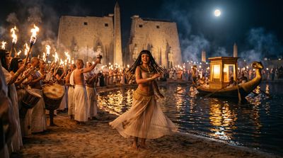 Dancer spins on Nile bank as golden barque glides past