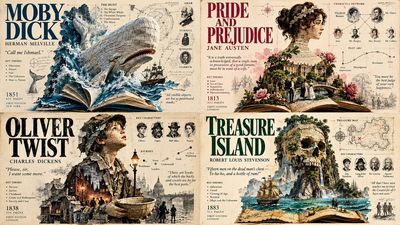 Floating literary hero emerges from classic novel's typographic layers