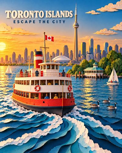Toronto ferry glides past CN Tower in layered paper cutout