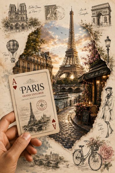 A hand holds a Paris card revealing the Eiffel Tower