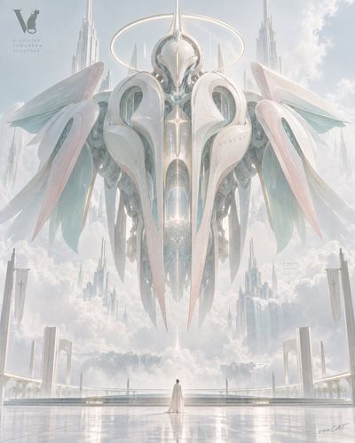 Biomorphic mech hovers silently above a tiny figure in a flower field
