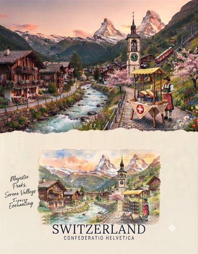 Swiss Alpine Village Sunset With Matterhorn And Watercolor Twin