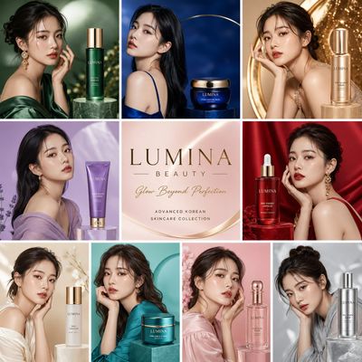 Nine flawless models showcase luxury skincare in perfect grid