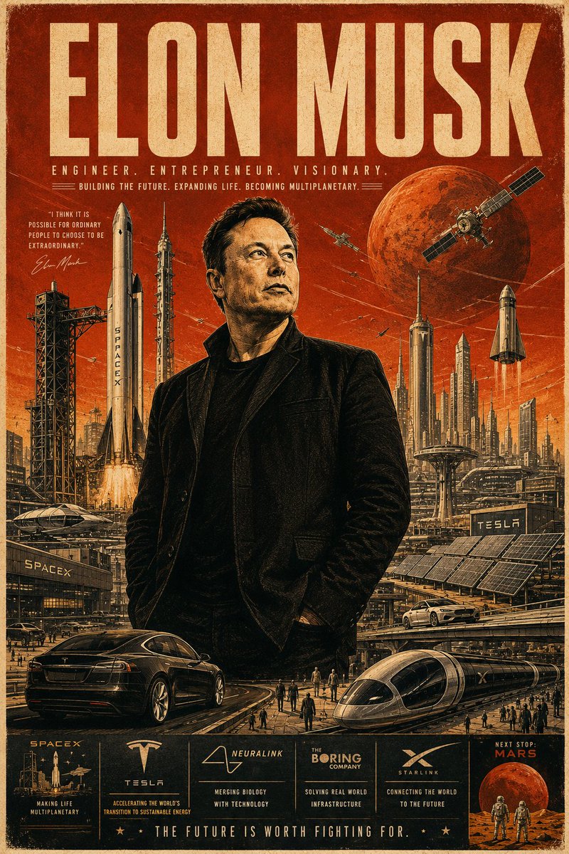 Elon Musk stands heroically before a futuristic Mars colony
