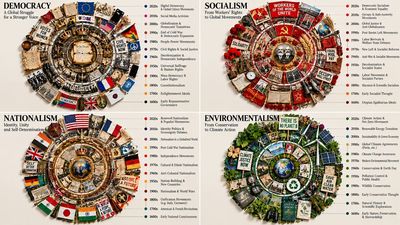 Concentric rings of political change form a tree-ring timeline overhead