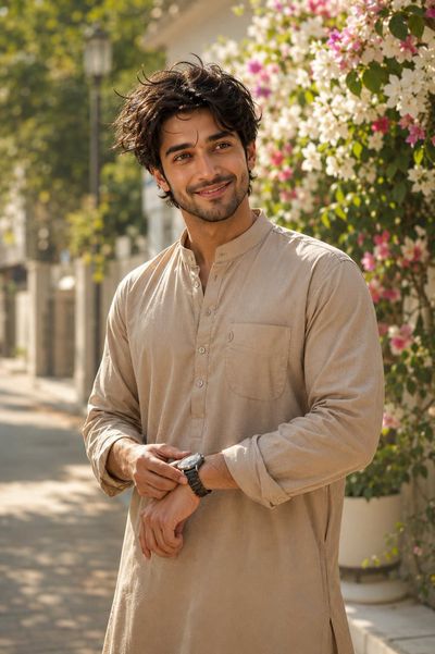 Young man in beige pathani suit touches his watch near pink flowers