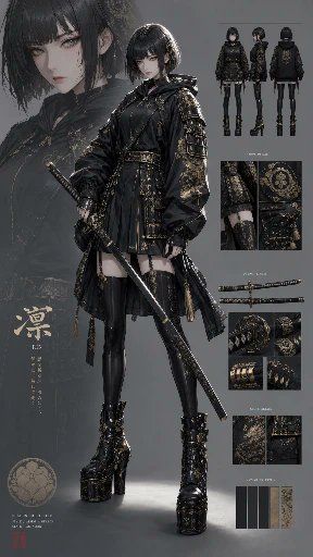 Gray-eyed samurai girl in golden armor poses with katana