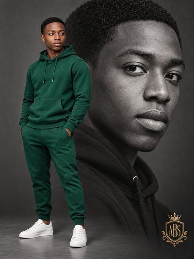 Man in Emerald Tracksuit Stands Before Giant Monochrome Portrait