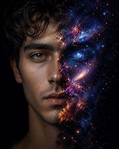 A bearded man morphs into a glowing galaxy with stars and nebula