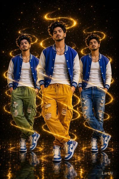 Three identical clones stride forward in a cosmic streetwear scene