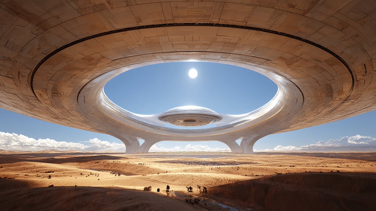Monumental Desert Megastructure with Floating Garden Under White Sun