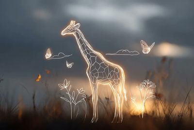 A glowing baby elephant walks through a starry meadow at dusk.