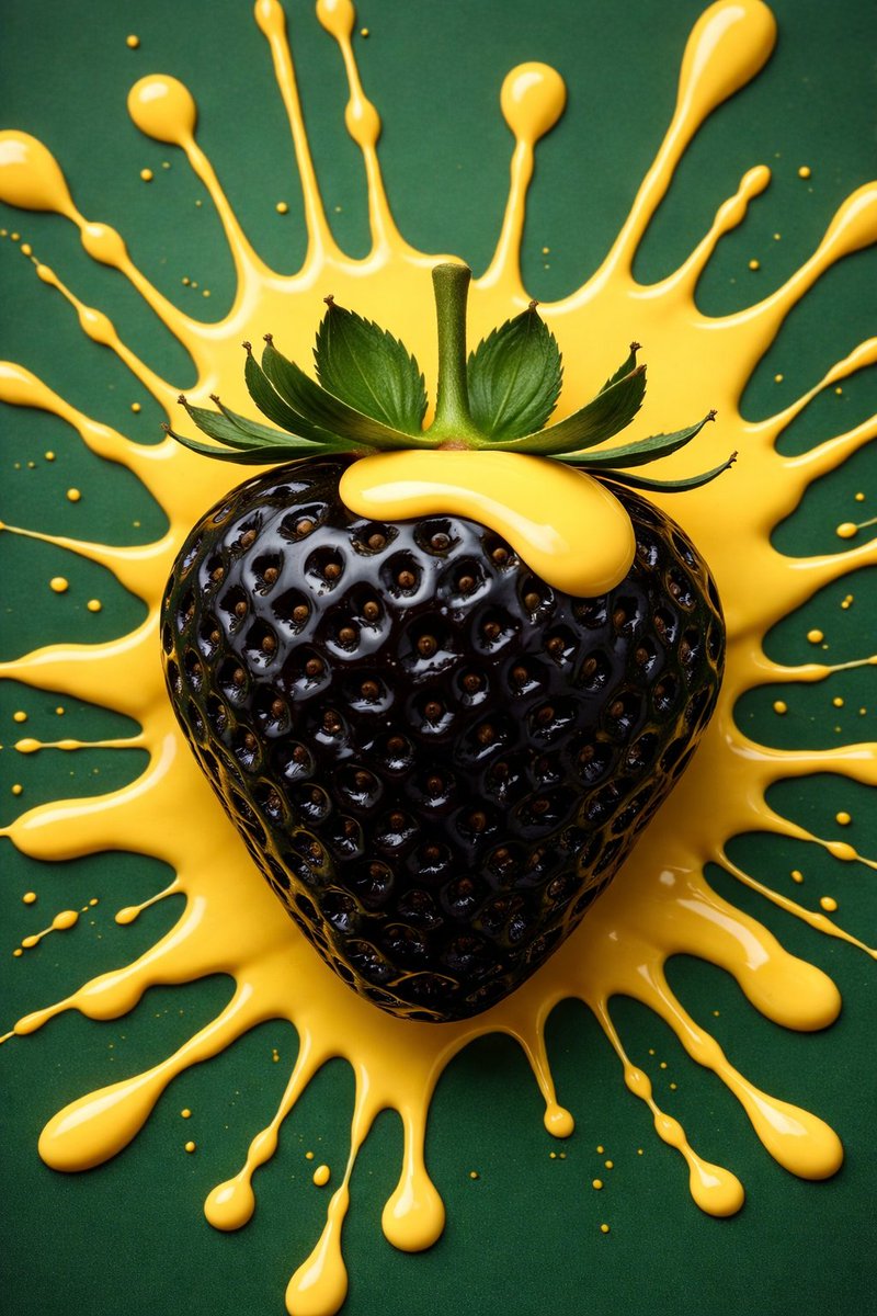 Golden Strawberry Meets Vivid Orange and Black Splash in Ultra-Detail