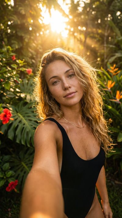 Golden Hour Selfie: Capturing Serene Beauty Amidst Tropical Backlight