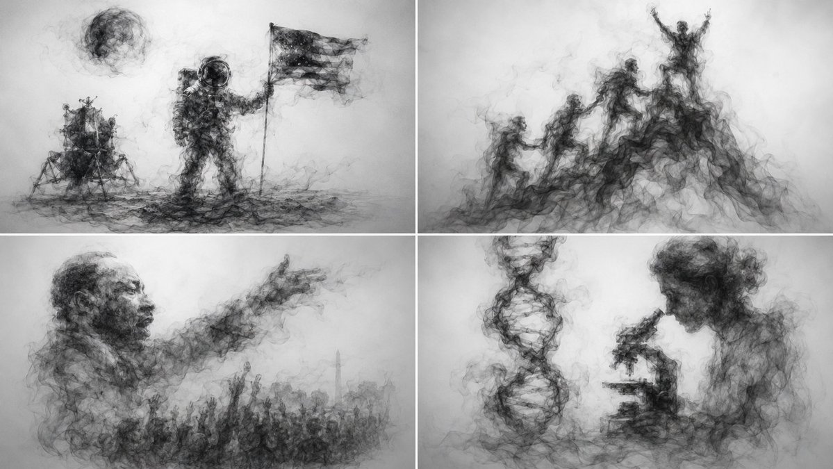 Smoke calligraphy depicts moon landing with swirling grey tendrils