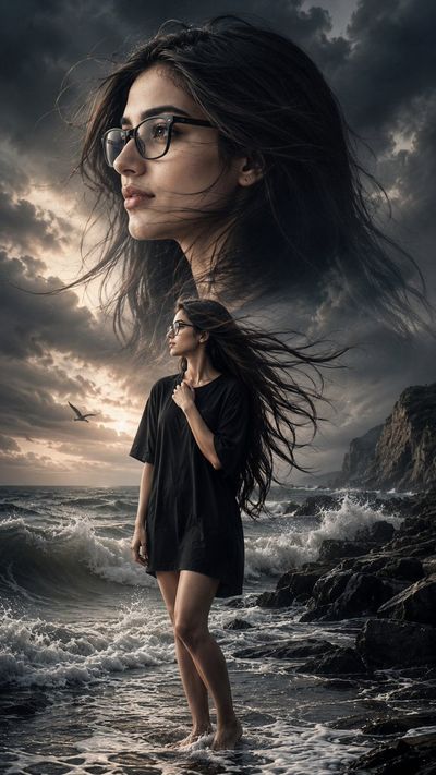 Woman stands at stormy sea with her own ethereal portrait above