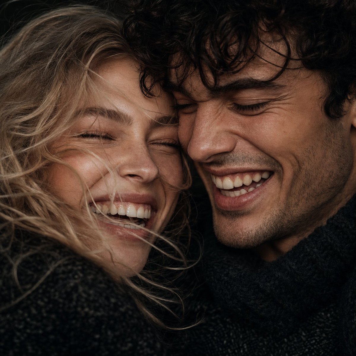 A laughing couple shares an intimate closeup portrait with raw emotion